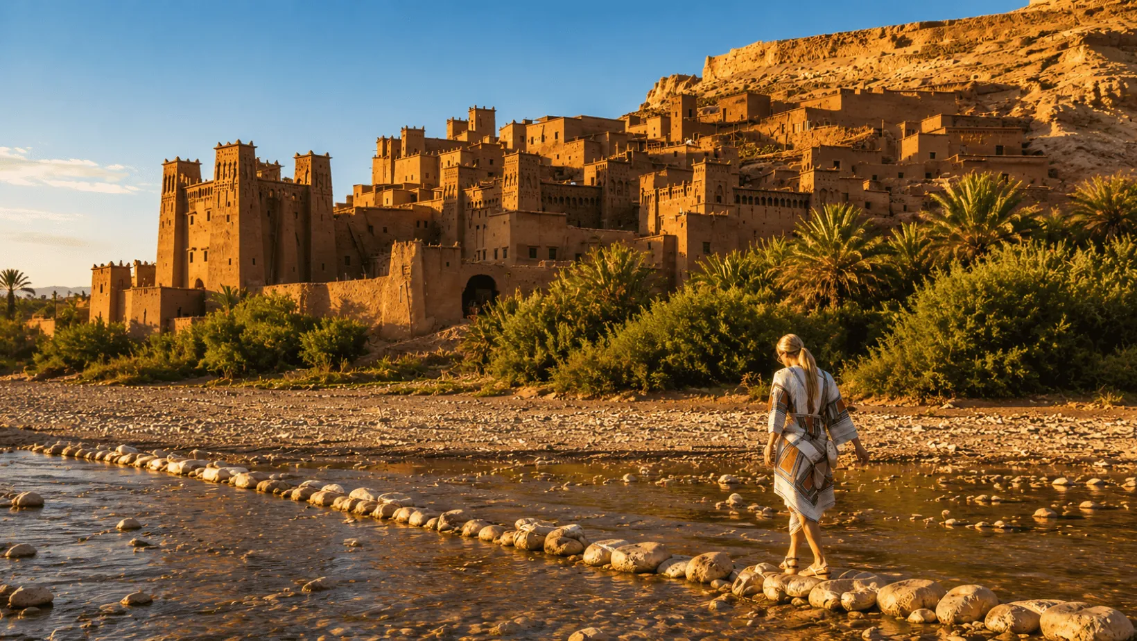 Kasbah de Ait Ben Haddou al atardecer, con el río y sus palmerales en primer plano