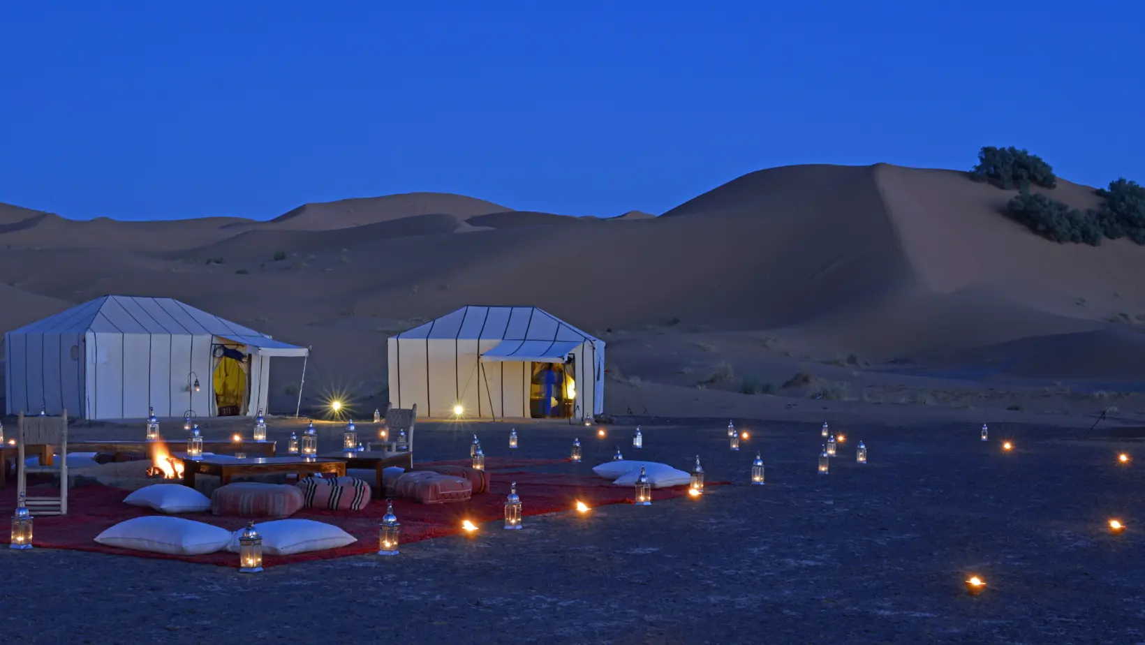 Traveller looking out over the Sahara dunes at sunset